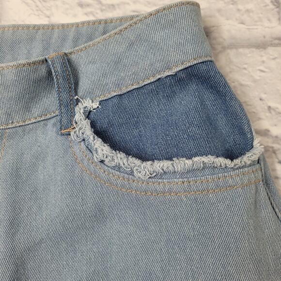 NWT Pitaya blue blush Colorblock Patchwork Fray HW Denim Jeans size Medium - Picture 11 of 16